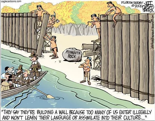 Cartoon: Native Americans build wall, Pilgrims arrive in boat, text about assimilation.